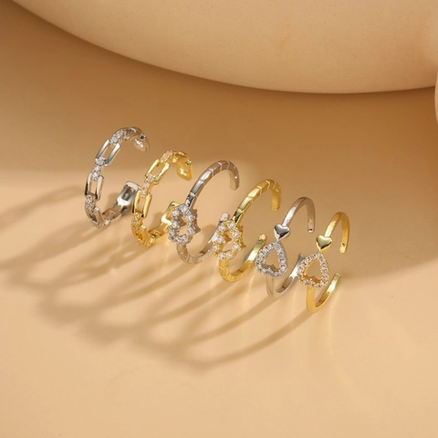 Anillo Abierto de Cobre Zirconia Lujo Corazón Hueco Hebilla OT para Mujer Minimalista Geométrico Chapado en Oro Plata Joyería de Moda Anillo Ajustable