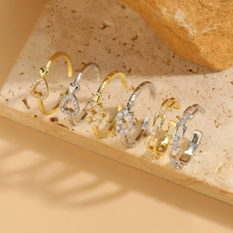 Anillo Abierto de Cobre Zirconia Lujo Corazón Hueco Hebilla OT para Mujer Minimalista Geométrico Chapado en Oro Plata Joyería de Moda Anillo Ajustable