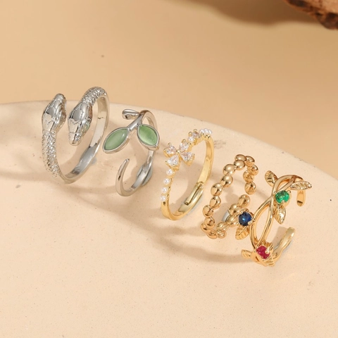 Modischer Kupfer Offener Ring Für Damen Eleganter Zirkonia Katzenaugenstein Verstellbarer Schlangen Blatt Blumen Geometrischer Ring Schmuck