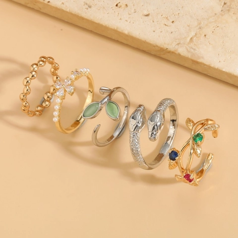 Modischer Kupfer Offener Ring Für Damen Eleganter Zirkonia Katzenaugenstein Verstellbarer Schlangen Blatt Blumen Geometrischer Ring Schmuck