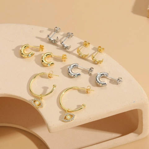 Bohemian Mond C-Form Böses Auge Ohrringe Für Damen Kupfer Zirkonia Opal Stecker Creolen Ins Stil Minimalistischer Schmuck