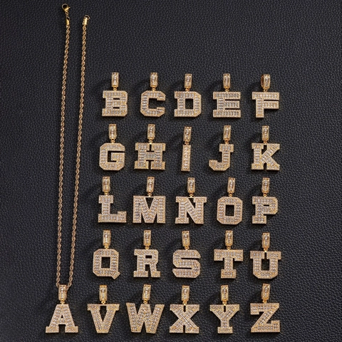 Hip Hop Initial Letter Pendant Necklace Copper Zirconia Inlaid Gold Plated Rope Chain Jewelry For Women Men Alphabet Pendant