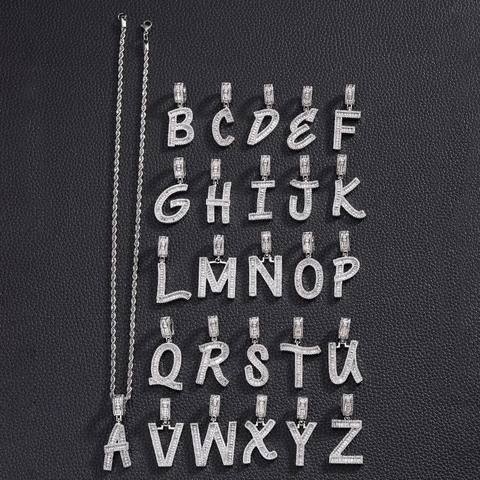 Iced Out Hip Hop Letter Pendant Necklace Copper Zirconia Personalized Alphabet Jewelry With 20 Inch Rope Chain For Men Women