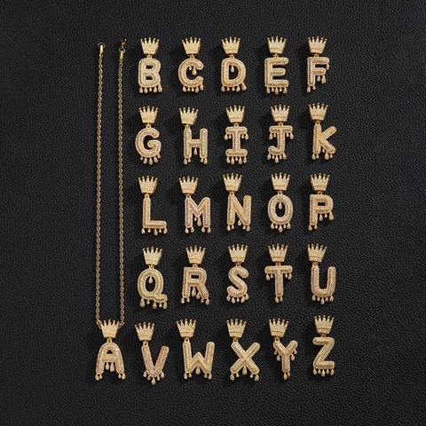 Hip Hop Initialen Anhänger Halskette Kupfer Vergoldet Zirkonia Krone Drip Buchstabe Seilkette Schmuck Für Damen Herren