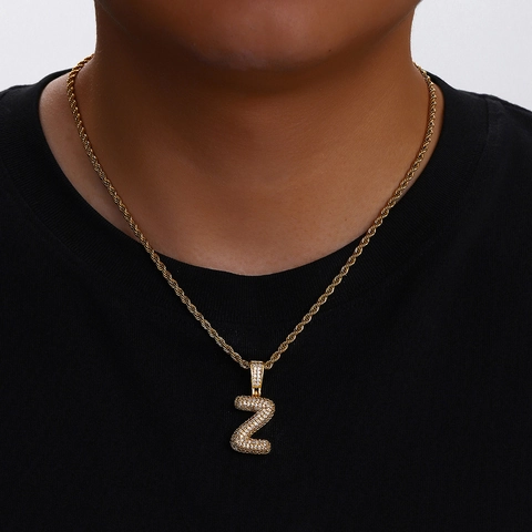 Hip Hop Bubble Letter Pendant Necklace Gold Plated Copper Pave Zirconia Initial Alphabet A-Z Rope Chain Jewelry For Men Women