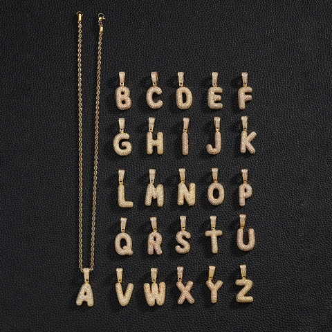 Hip Hop Bubble Letter Pendant Necklace Gold Plated Copper Pave Zirconia Initial Alphabet A-Z Rope Chain Jewelry For Men Women