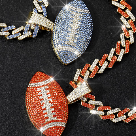 Hip Hop Colorful American Football Pendant Necklace Iced Out Gold Silver Plated Zinc Alloy Rhinestone Cuban Link Chain Men Street Jewelry Gift