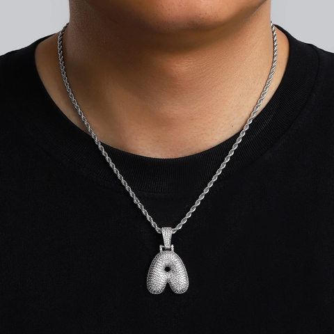 Hip Hop Iced Out Bubble Letter Pendant Necklace Copper Zirconia Initial Alphabet Pendant Silver Tone Rope Chain Jewelry