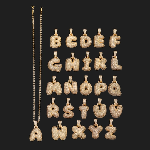 Iced Out Bubble Initial Letter Pendant Necklace Copper Zirconia Hip Hop Jewelry Gold Rope Chain For Men Women