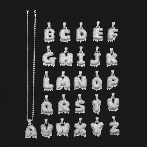 Iced Out Bubble Letter A-Z Pendant Necklace Copper Inlaid Zirconia Drip Initial Pendant With Rope Chain Hip Hop Jewelry