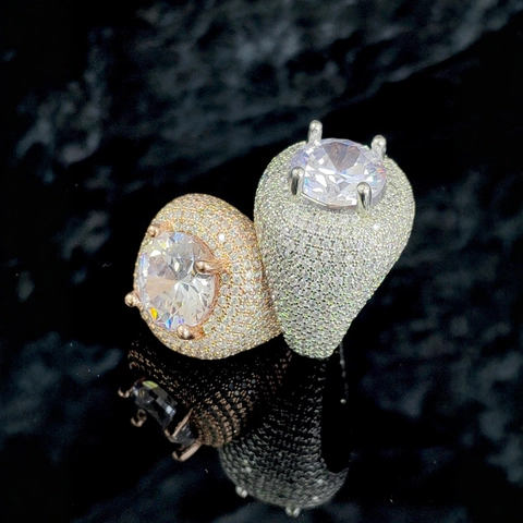 Anello Zirconia Grande Hip Hop in Rame Iced Out Pavé Zirconia Grande Pietra Rotonda Anello Uomo Personalità Lusso Gioielli Galvanizzati Oro Argento Oro Rosa