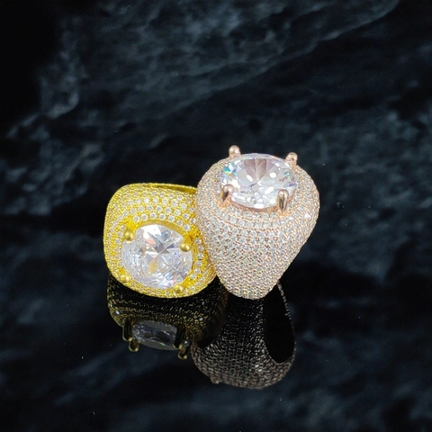 Anello Zirconia Grande Hip Hop in Rame Iced Out Pavé Zirconia Grande Pietra Rotonda Anello Uomo Personalità Lusso Gioielli Galvanizzati Oro Argento Oro Rosa