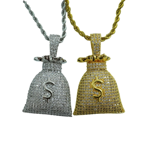 Hip Hop Geldzak Dollarteken Hanger Ketting Koper Iced Out Strass Bling Bling Street Sieraden Voor Mannen Vrouwen Goud Zilver
