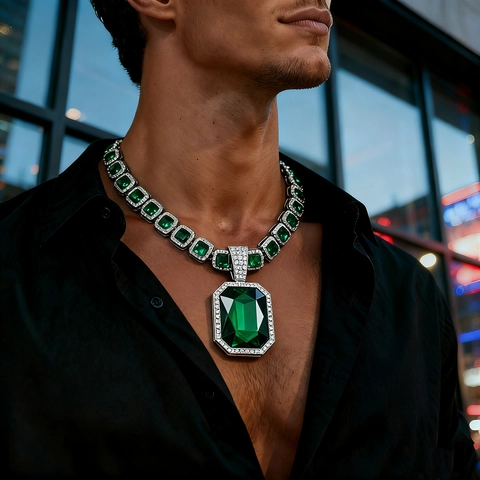 Luxury Hip Hop Zinc Alloy Large Gemstone Pendant Necklace For Men Women Iced Out Rhinestone Cuban Chain Colorful Jewelry Gift