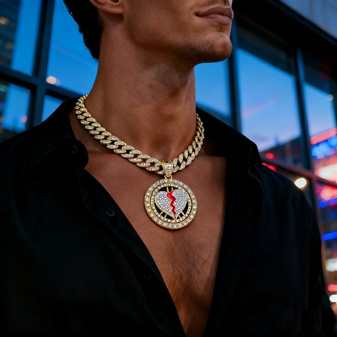 Collana da Uomo Hip Hop in Lega con Strass Ciondolo a Cuore Infranto Rotante con Catena Cubana Oro Argento Smalto Gioielli Rap