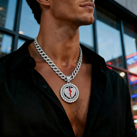 Collana da Uomo Hip Hop in Lega con Strass Ciondolo a Cuore Infranto Rotante con Catena Cubana Oro Argento Smalto Gioielli Rap