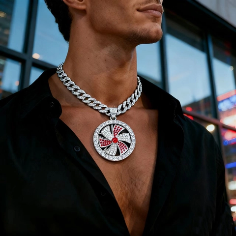 Collana con Ciondolo a Girandola Rotante Hip Hop da Uomo in Lega con Strass Charm Rotondo Catena Cubana Gioielli Regalo