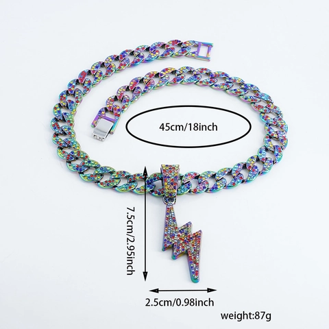 Collana con Ciondolo a Fulmine in Strass Arcobaleno Hip Hop Catena Cubana in Cristallo Multicolore Gioielli Streetwear per Uomo Donna