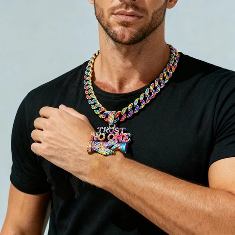 Collana con Ciondolo a Stretta di Mano Trust No One in Lega di Zinco Arcobaleno Hip Hop Con Catena a Maglia Cubana da Uomo Gioielli Streetwear con Strass Colorati