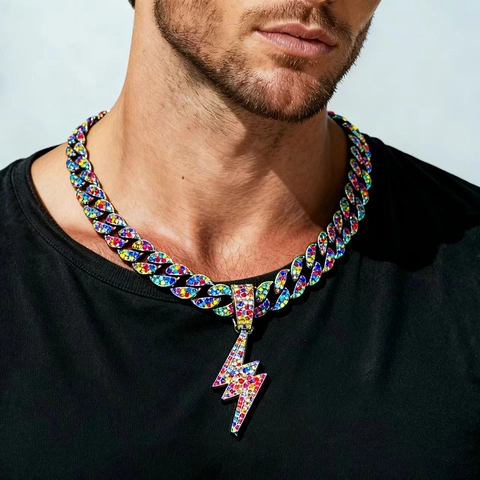 Collana con Ciondolo a Fulmine in Strass Arcobaleno Hip Hop Catena Cubana in Cristallo Multicolore Gioielli Streetwear per Uomo Donna