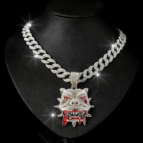 Hip Hop Iced Out Bulldog Pendant Necklace Zinc Alloy Rhinestone Cuban Link Rope Chain For Men Fashion Jewelry Accessory