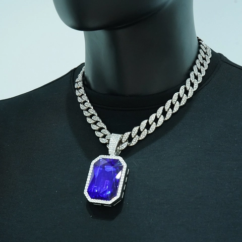Hip Hop Iced Out Zinc Alloy Large Square Artificial Gemstone Pendant Necklace Rhinestone Cuban Link Chain Jewelry For Men Women