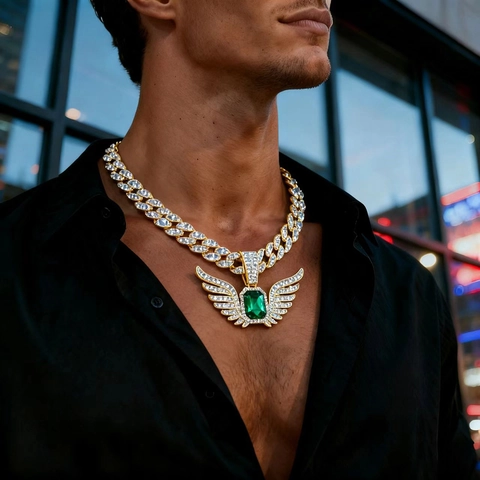 Hip Hop Men Angel Wing Pendant Necklace Iced Out Zinc Alloy Cuban Chain With Red Green Blue Purple Rhinestone Jewelry