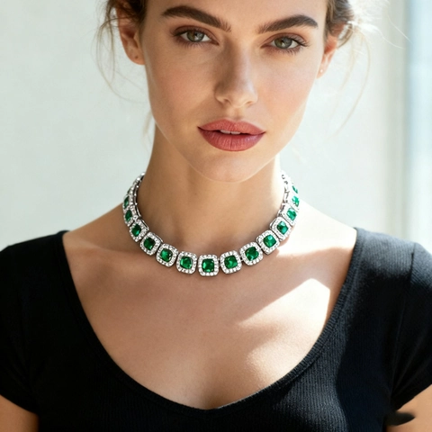 Hip Hop Alloy Emerald Green Square Rhinestone Pendant Necklace Gold Silver Plated Full Diamond Men Jewelry Geometric Necklace