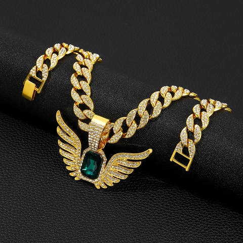 Hip Hop Men Angel Wing Pendant Necklace Iced Out Zinc Alloy Cuban Chain With Red Green Blue Purple Rhinestone Jewelry
