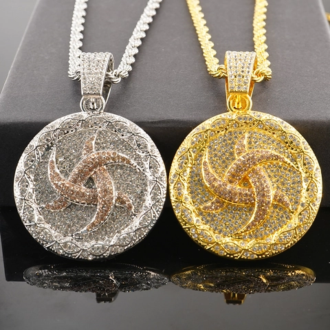 Collana con Ciondolo Rotondo Rotante Hip Hop in Lega di Zinco con Strass Intarsiati Gioielli Iced Out con Catena a Corda