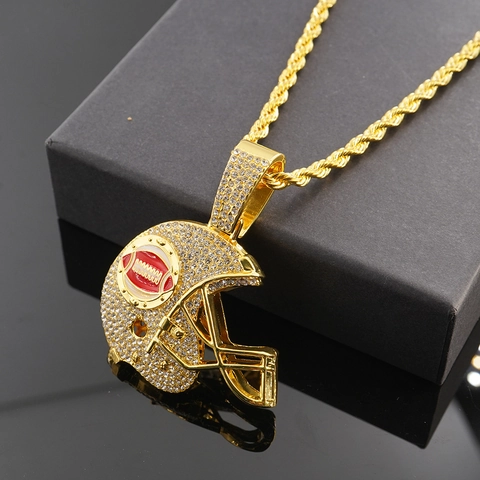 Hip Hop Iced Out Rhinestone Football Helmet Pendant Necklace Zinc Alloy American Football Jewelry With Rope Chain For Men Women