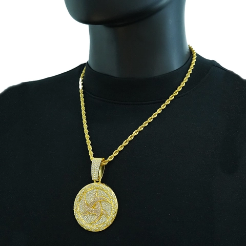 Collana con Ciondolo Rotondo Rotante Hip Hop in Lega di Zinco con Strass Intarsiati Gioielli Iced Out con Catena a Corda