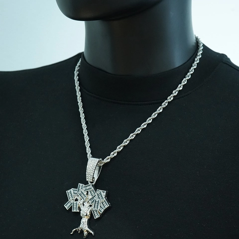 Hip Hop Money Tree Pendant Necklace For Men Zinc Alloy Rhinestone Inlaid Dollar Bill Design Rope Chain Fashion Jewelry