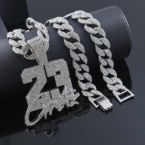 Hip Hop Herren Iced Out Strass Nummer 23 Anhänger Halskette Zinklegierung Cuban Rope Chain Personalisierte Signatur Schmuck