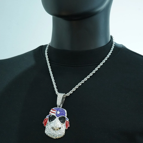 Hip Hop Hundekopf Anhänger Halskette Für Herren Zinklegierung Strass Hundehalskette Mit Amerikanischer Flagge Hut Personalisierter Schmuck