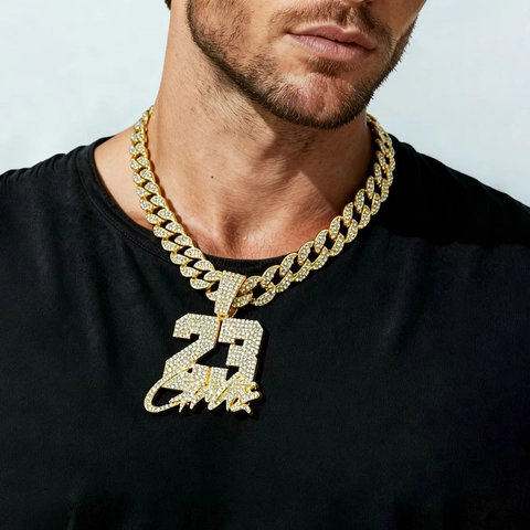 Hip Hop Herren Iced Out Strass Nummer 23 Anhänger Halskette Zinklegierung Cuban Rope Chain Personalisierte Signatur Schmuck