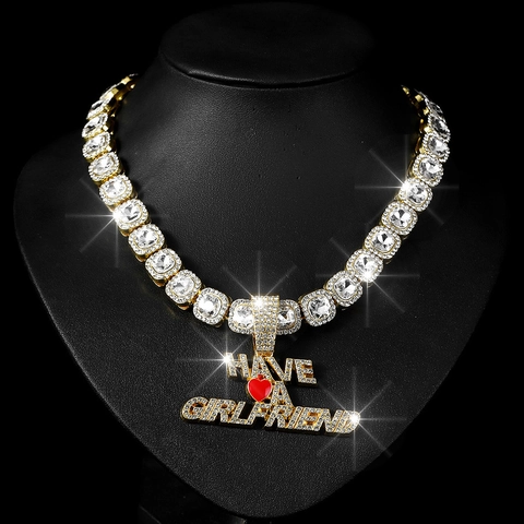 Collier Pendentif Alphabet Hip Hop Have A Girlfriend Boyfriend Plaqué Or Argent Zircone Cœur Rouge Chaîne Zircon Carré Bijoux de Couple
