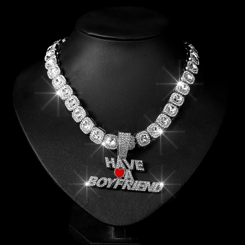 Collana con Pendente Alfabeto Hip Hop Have A Girlfriend Boyfriend Placcata Oro Argento Zirconia Cuore Rosso Catena Zirconi Quadrata Gioielli