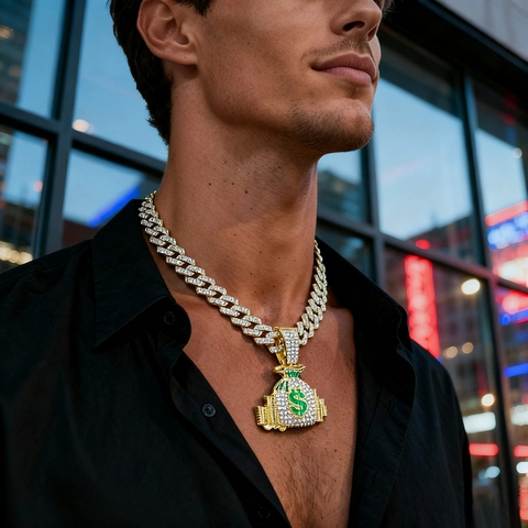 Hip Hop Rhinestone Money Bag Pendant Necklace Alloy Iced Out Dollar Sign Cuban Link Chain For Men Women Street Fashion Jewelry