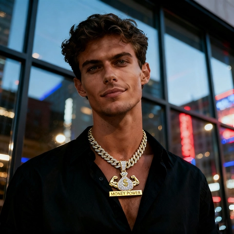Hip Hop Money Power Pendant Necklace For Men Women Gold Silver Plated Zinc Alloy Rhinestone Money Bag Muscle Arm Pendant Cuban Link Chain Jewelry