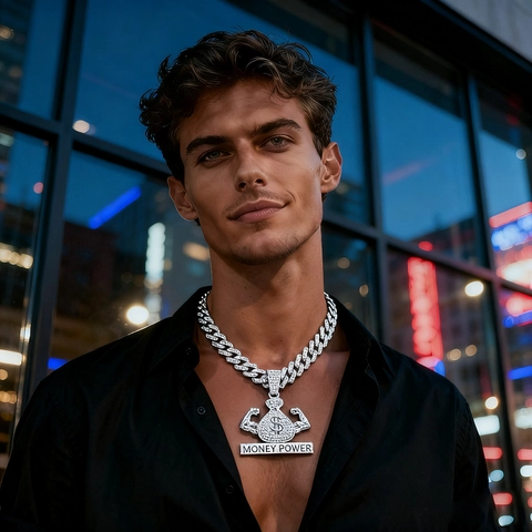 Hip Hop Money Power Pendant Necklace For Men Women Gold Silver Plated Zinc Alloy Rhinestone Money Bag Muscle Arm Pendant Cuban Link Chain Jewelry