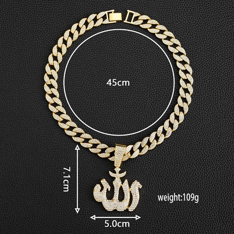 Hip Hop Iced Out Αραβική Καλλιγραφία Allah Μενταγιόν Κολιέ Στρας Κράμα Ψευδαργύρου Κουβανέζικη Αλυσίδα Θρησκευτικά Κοσμήματα Για Άνδρες Γυναίκες
