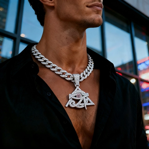Iced Out Egyptian Eye Of Horus Pyramid Pendant Necklace Men Alloy Rhinestone Cuban Rope Chain Hip Hop Street Style Jewelry