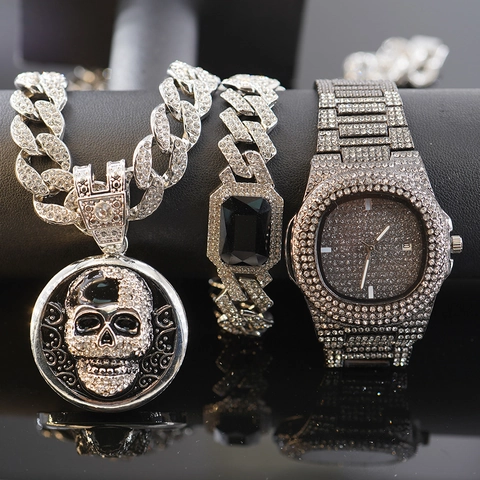 Iced Out Hip Hop Skull Necklace And Bracelet And Quartz Watch For Men Halloween Dark Style Alloy Jewelry