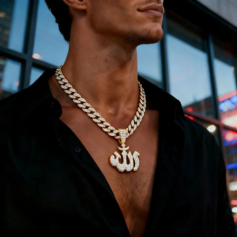 Hip Hop Iced Out Allah Calligraphy Pendant Necklace Rhinestone Alloy Zinc Cuban Link Chain Religious Jewelry For Men Women
