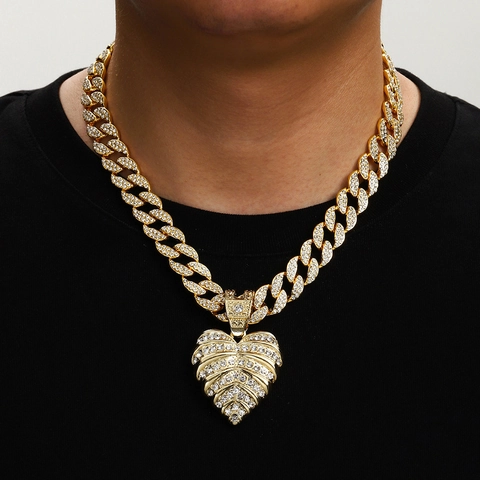 Collana con Ciondolo a Cuore Foglia Hip Hop Per Uomo Donna Lega Strass Catena Tennis Cubana Corda Oro Argento Gioielli