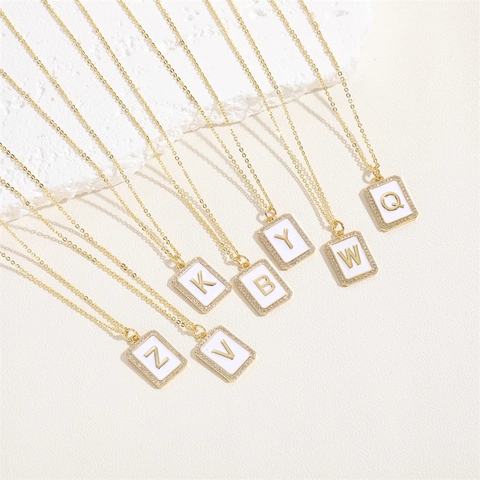 14K Gold Plated Copper Zirconia Initial Letter Pendant Necklace Rectangular Enamel Dainty Clavicle Chain Jewelry For Women