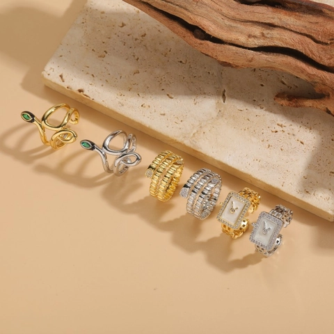 Anello Aperto a Forma di Serpente per Donna Rame con Zirconia Intarsiata Design a Orologio Multistrato Regolabile Oro Argento Gioielli