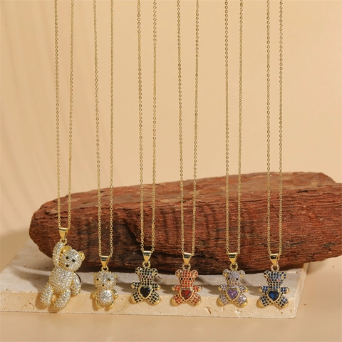 Fashion Copper Gold Plated Zirconia Teddy Bear Pendant Necklace Heart Shaped Zirconia Inlaid O-Chain Choker Jewelry For Women