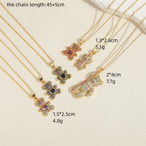 Fashion Copper Gold Plated Zirconia Teddy Bear Pendant Necklace Heart Shaped Zirconia Inlaid O-Chain Choker Jewelry For Women